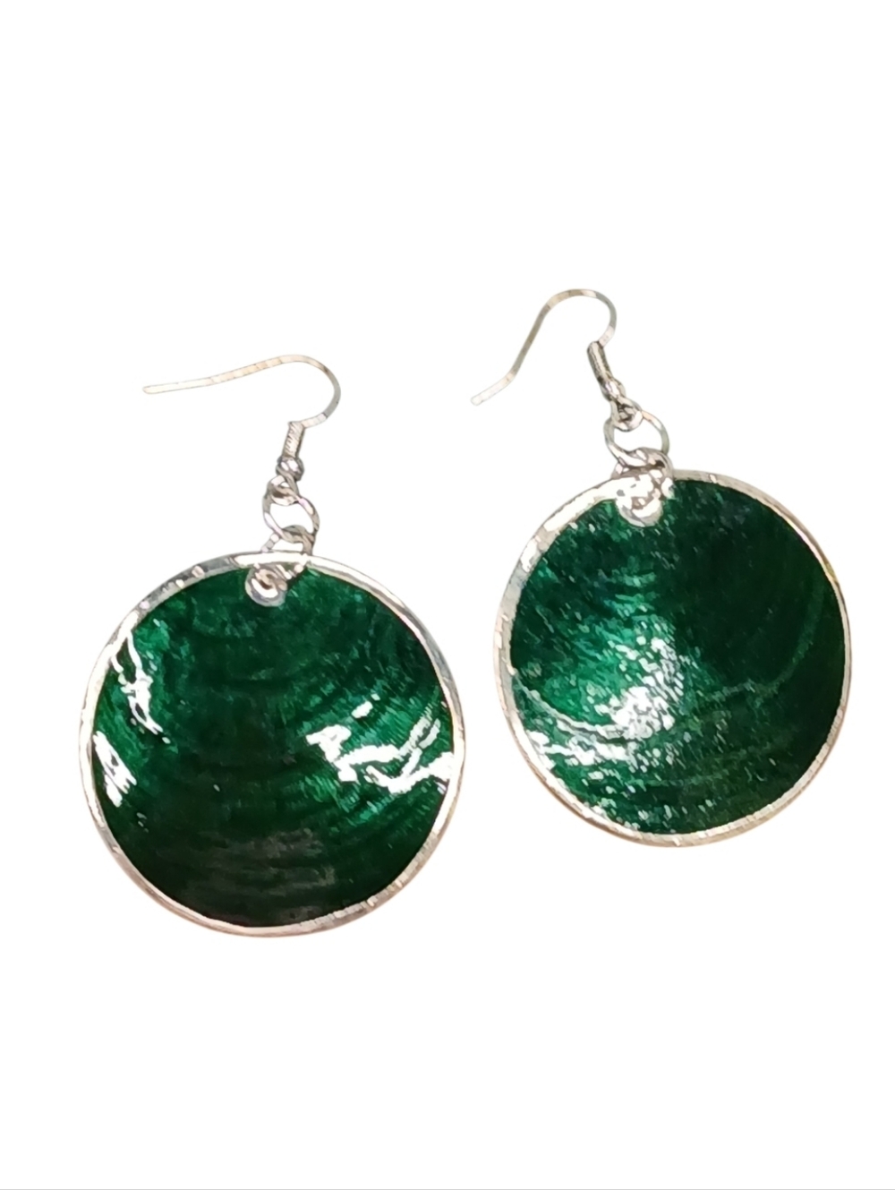 E3091 Green Shell Disc Drop Earrings with Silver Frame